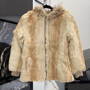 Vintage Real Animal Fur Hooded Jacket in Tan and Cream